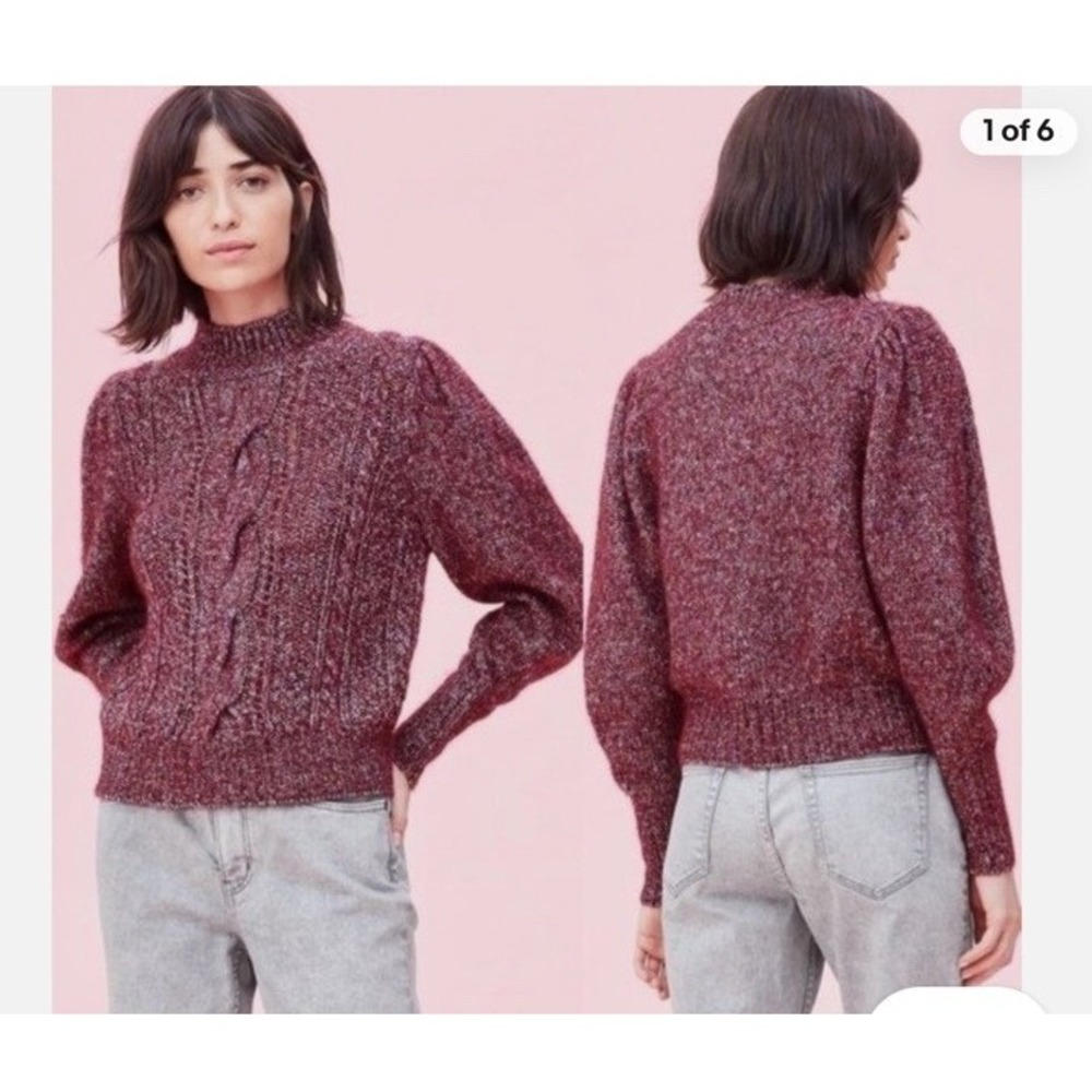 REBECCA‎ TAYLOR Blouson Tweed Cable Sweater Merino Wool Alpaca Blend Bordeaux M